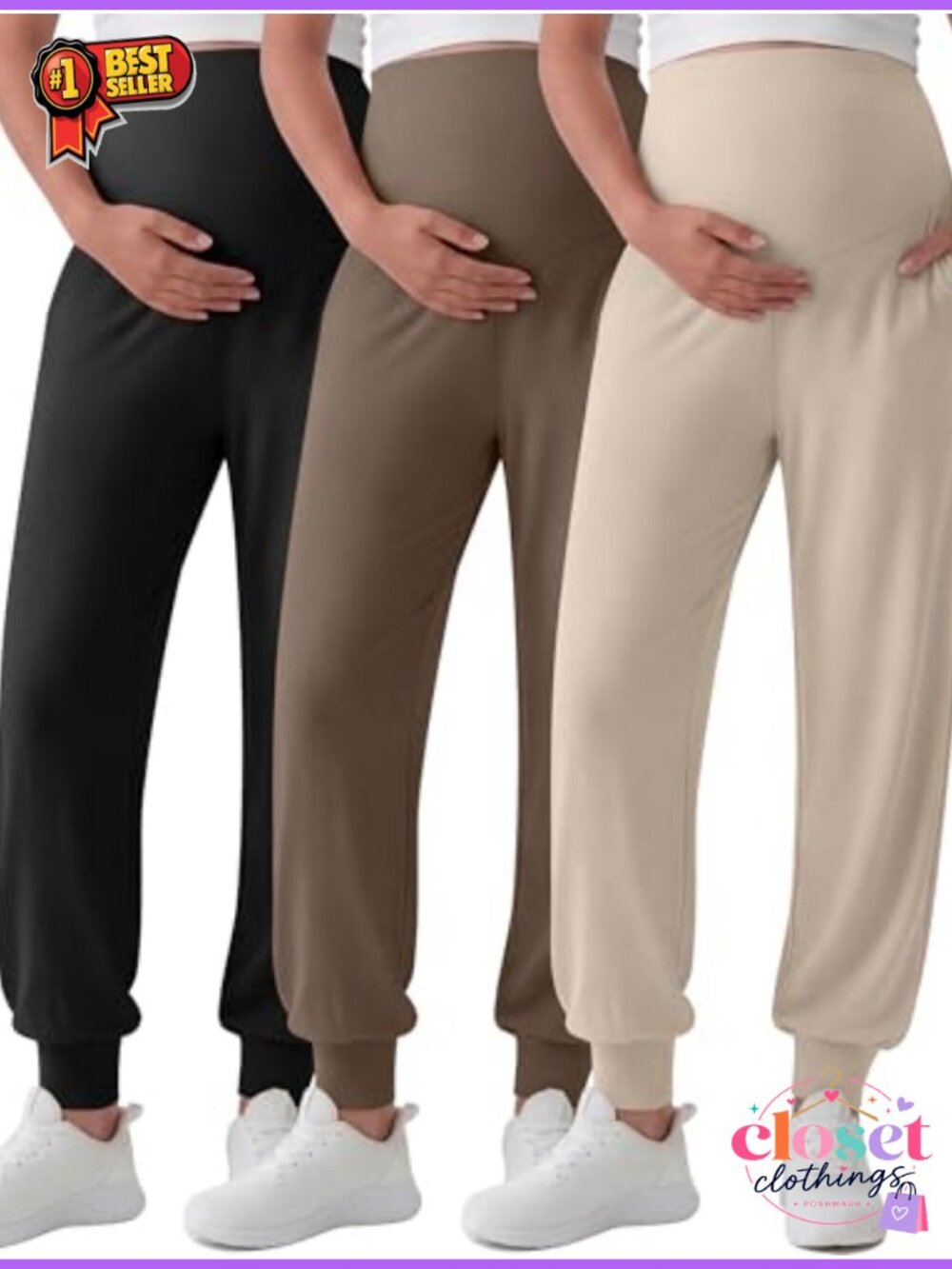 Maternity Joggers 3 Pack Polyester Cotton Spandex Pregnancy Pants Over Belly